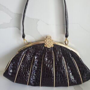 Vintage Brown Croc Evening Bag Clutch Bejewelled Clasp Optional Long Strap